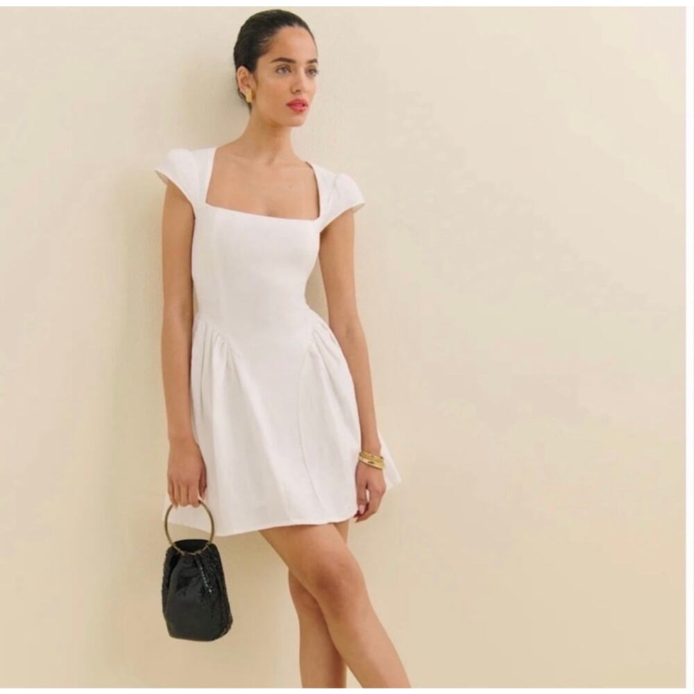 Reformation White Square Neck Mini Dress Basque Waist Bridal Little White Dress